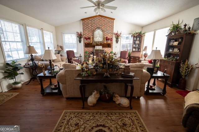 living room featuring vaulted ceiling, a healthy amount of sunlight, a fireplace, and dark hardwood / wood-style floors