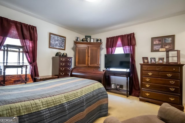 carpeted bedroom with crown molding