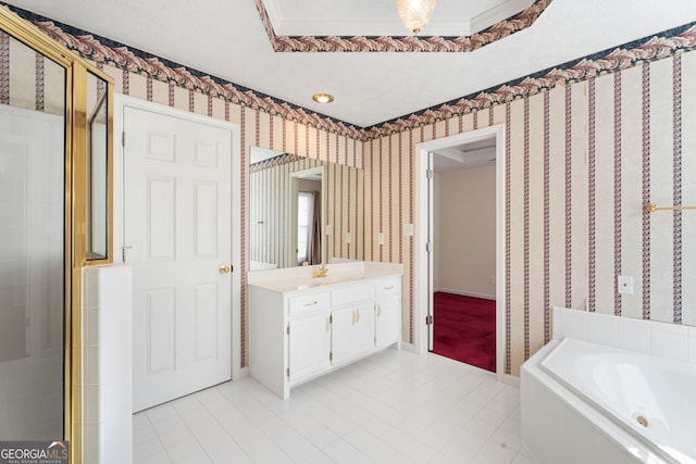 123 Stratmore Pl, Stockbridge, GA 30281 - full bathroom with vanity, a shower stall, tile patterned flooring, a bath, and a textured ceiling