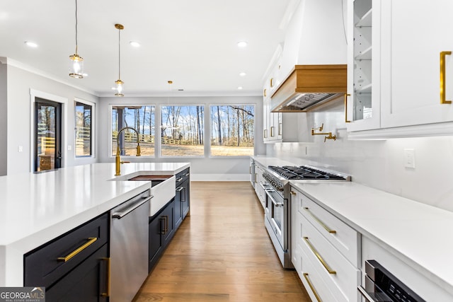 kitchen with crown molding, stainless steel appliances, white cabinets, and custom range hood