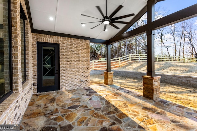 view of patio featuring a ceiling fan and a fenced backyard