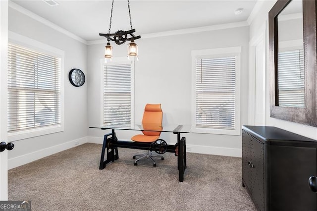 office space with ornamental molding, light colored carpet, and an inviting chandelier