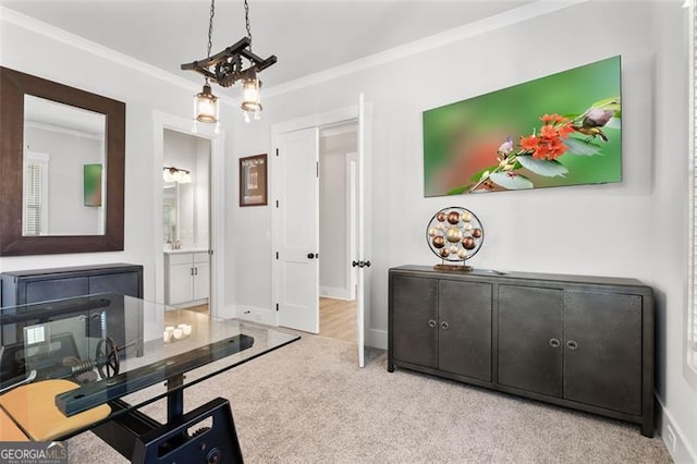 office space featuring light carpet and crown molding