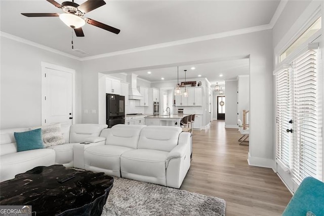 living room with sink, ornamental molding, and light hardwood / wood-style flooring