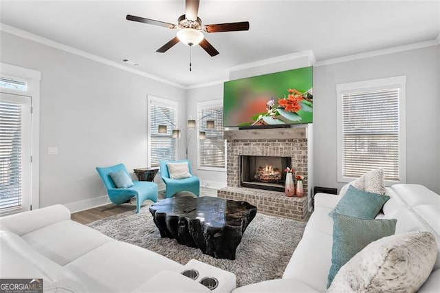 living room with ceiling fan, hardwood / wood-style flooring, crown molding, and a fireplace