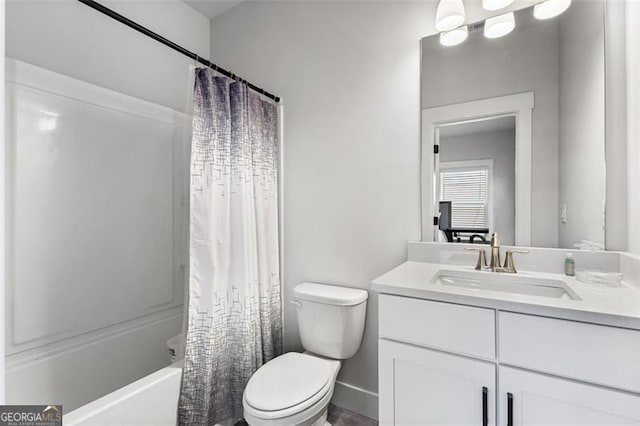 full bathroom with toilet, shower / bath combination with curtain, and vanity