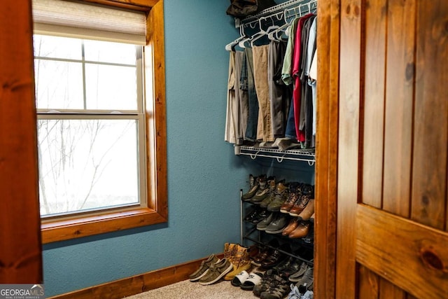 walk in closet with carpet