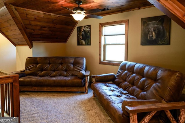 living room featuring ceiling fan, carpet flooring, vaulted ceiling with beams, and wood ceiling