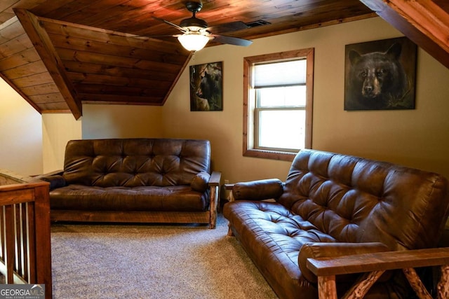 living room with lofted ceiling, carpet, wooden ceiling, and ceiling fan