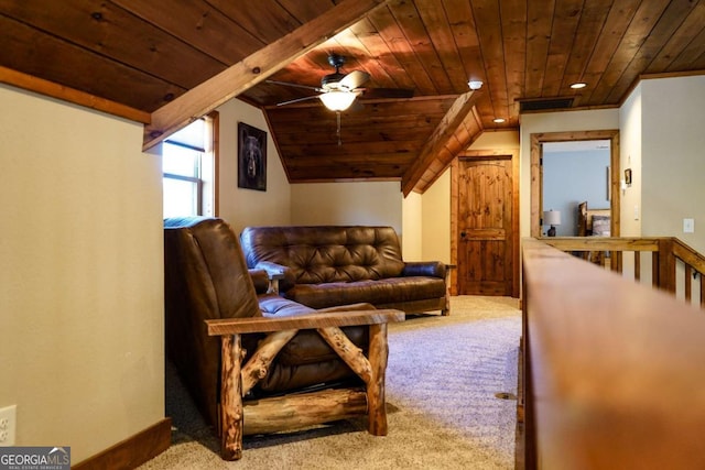 living room with light carpet, wood ceiling, lofted ceiling, and ceiling fan