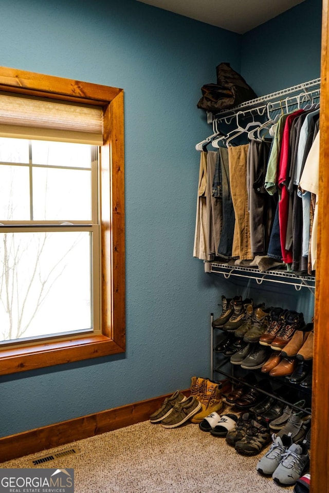 walk in closet featuring carpet flooring