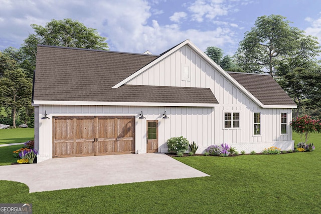 modern inspired farmhouse with board and batten siding, a front lawn, concrete driveway, roof with shingles, and a garage