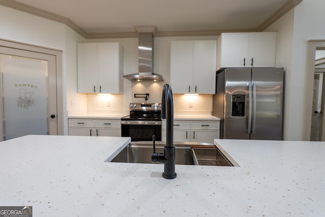 kitchen featuring wall chimney exhaust hood, appliances with stainless steel finishes, a sink, crown molding, and light stone countertops