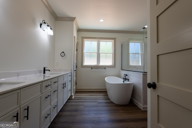 bathroom with ornamental molding, a soaking tub, wood finished floors, baseboards, and double vanity