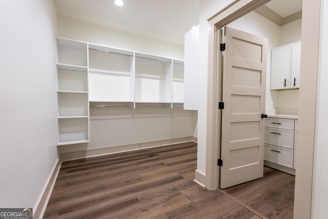 walk in closet with dark wood-style flooring