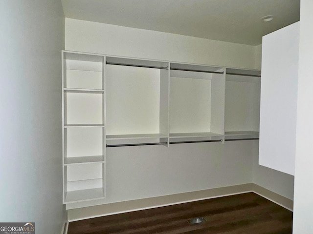 walk in closet with dark wood-style flooring