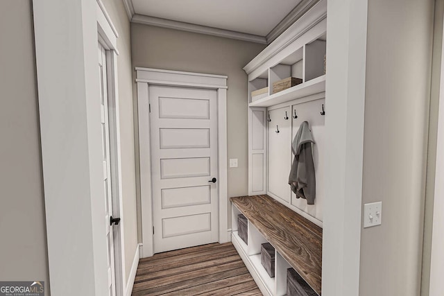 mudroom featuring dark wood-style floors and crown molding