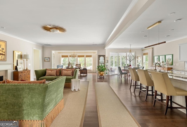 living room with ornamental molding, dark hardwood / wood-style flooring, and a notable chandelier