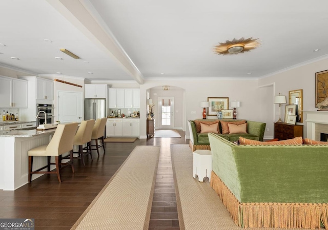 living room featuring crown molding and dark hardwood / wood-style flooring