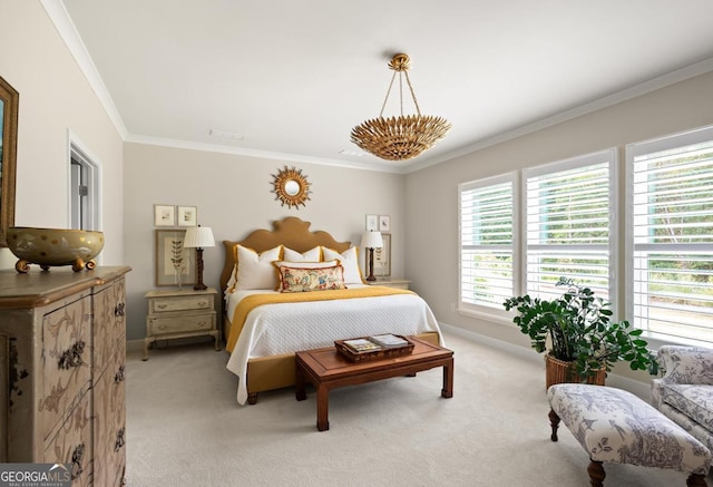 carpeted bedroom with ornamental molding