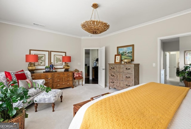 bedroom with light carpet and crown molding