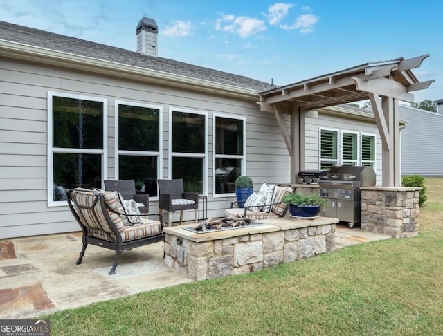 back of property with an outdoor fire pit, a yard, and a patio