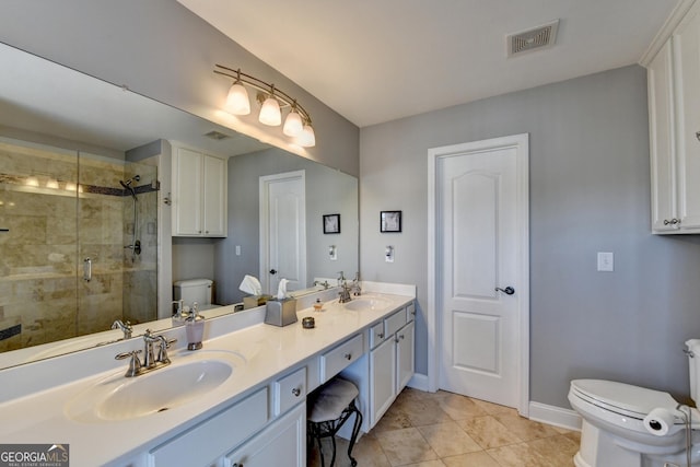 full bath with toilet, a stall shower, a sink, and visible vents