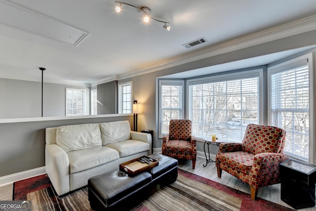 living area featuring visible vents, attic access, ornamental molding, wood finished floors, and baseboards