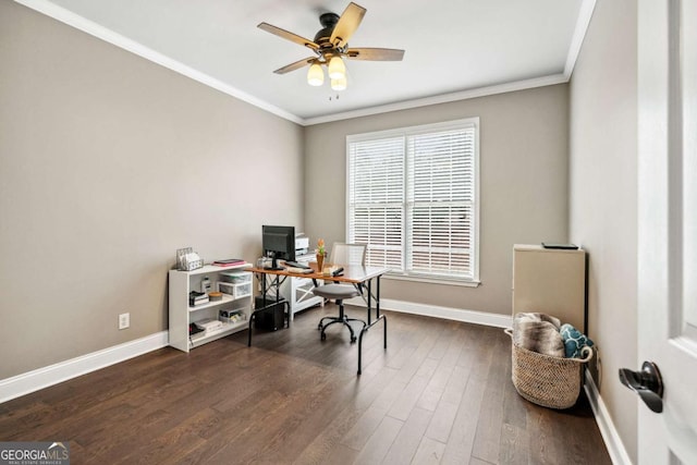 office area featuring ceiling fan, ornamental molding, and dark hardwood / wood-style flooring