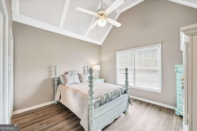 bedroom featuring ceiling fan, high vaulted ceiling, and dark hardwood / wood-style flooring