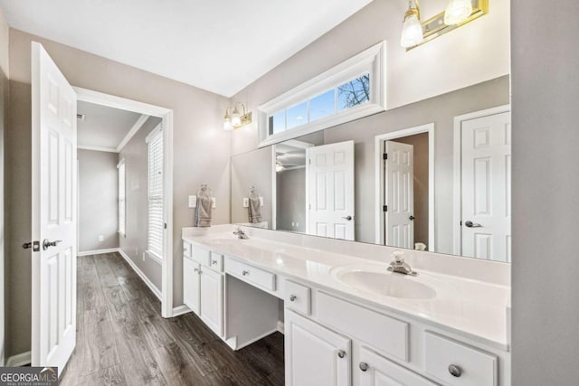 bathroom with wood-type flooring and vanity