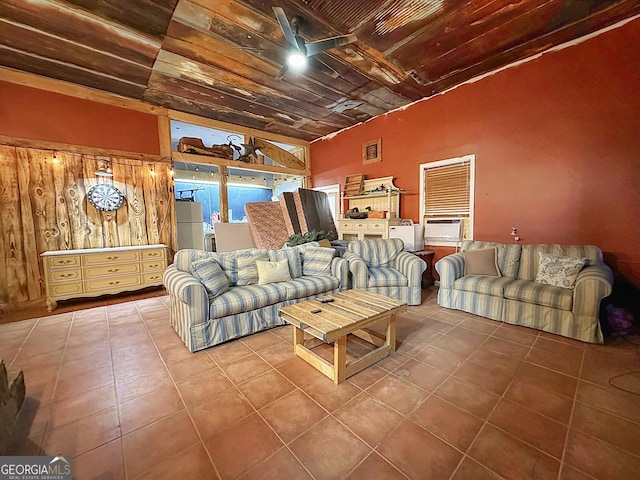 tiled living area with wooden ceiling