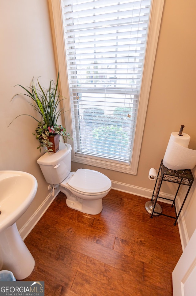 bathroom with hardwood / wood-style flooring and toilet