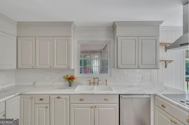 1706 Murphy Ln, Dublin, GA 31021 - kitchen featuring dishwasher, wall chimney exhaust hood, tasteful backsplash, healthy amount of natural light, and crown molding
