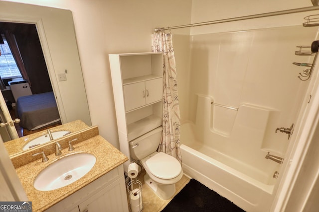 bathroom featuring shower / bathtub combination with curtain, vanity, and toilet