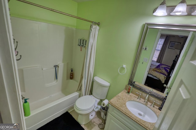 bathroom featuring vanity, toilet, and shower / tub combo with curtain