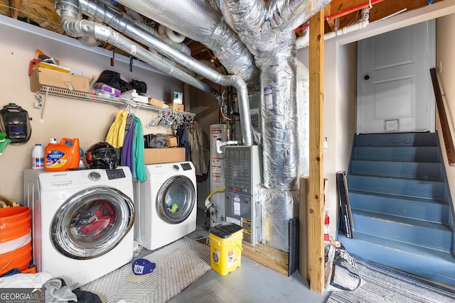 laundry area with gas water heater and separate washer and dryer