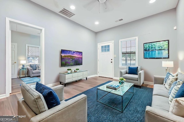 living room with hardwood / wood-style floors and ceiling fan