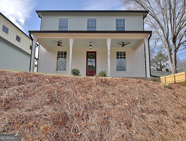 view of front of property with covered porch and ceiling fan