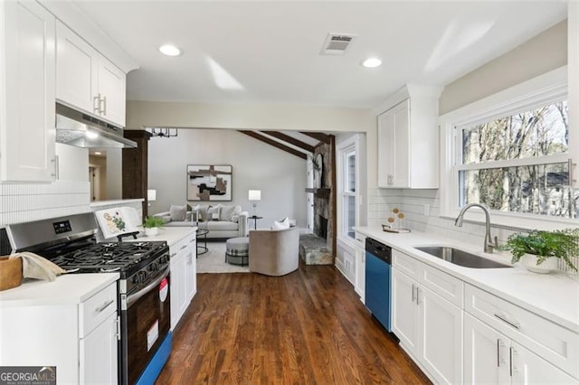 kitchen with sink, dark wood-type flooring, appliances with stainless steel finishes, and white cabinetry