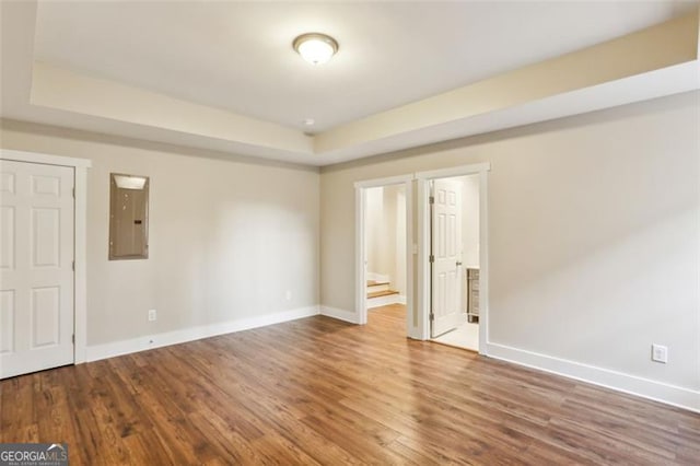 spare room featuring electric panel, a raised ceiling, and wood-type flooring