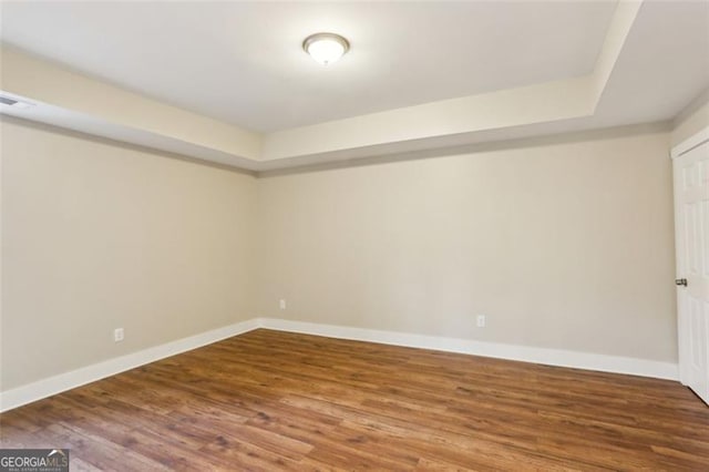 spare room featuring a tray ceiling and wood-type flooring