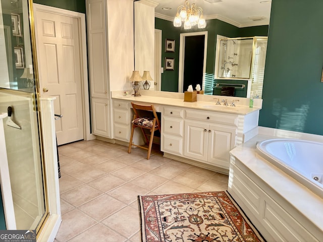 full bathroom with tile patterned floors, crown molding, vanity, a shower stall, and a bath