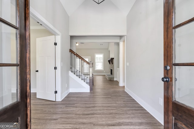 entryway featuring hardwood / wood-style flooring and high vaulted ceiling