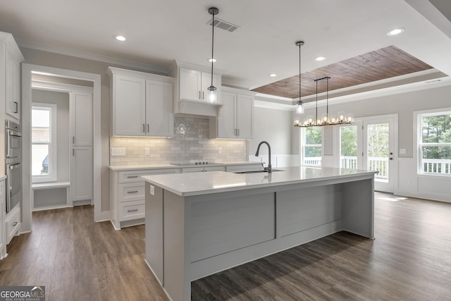 kitchen with a center island with sink, hanging light fixtures, white cabinets, a tray ceiling, and sink