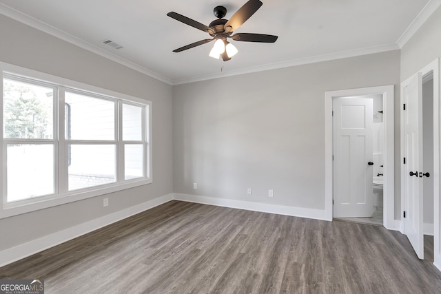 interior space featuring crown molding, ceiling fan, and wood-type flooring