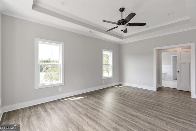 spare room with ornamental molding, plenty of natural light, dark wood-type flooring, and a raised ceiling