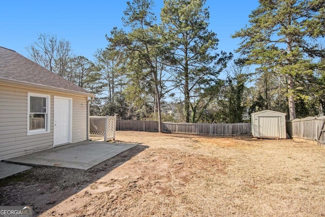 view of yard featuring a patio area and a shed