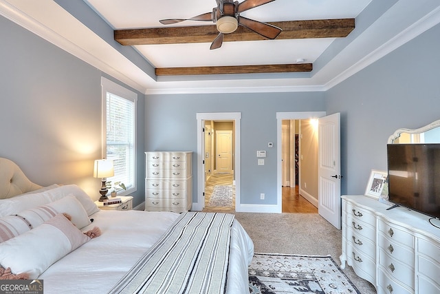 bedroom with light carpet, ceiling fan, and beam ceiling