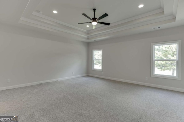 spare room featuring carpet, ornamental molding, and a raised ceiling